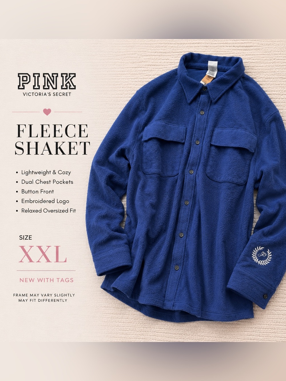 PINK Victoria’s Secret Blue Fleece Shacket Overshirt XXL NWT
